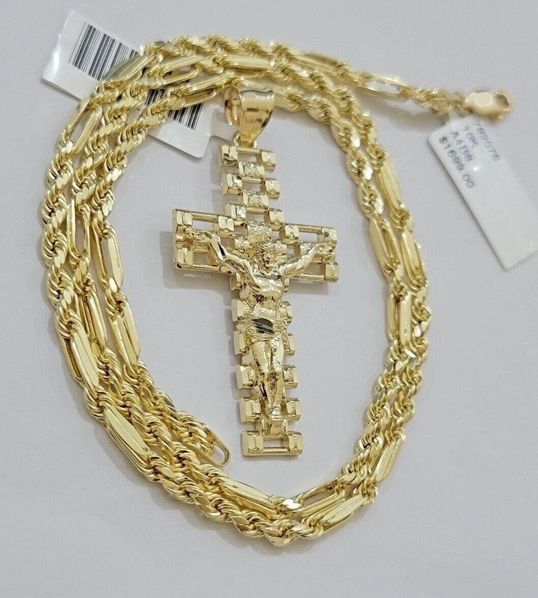 10k Gold Milano Rope Chain Jesus Cross Charm Pendant Set 18 - 24'' Inches Necklace - GoldenlinQ
